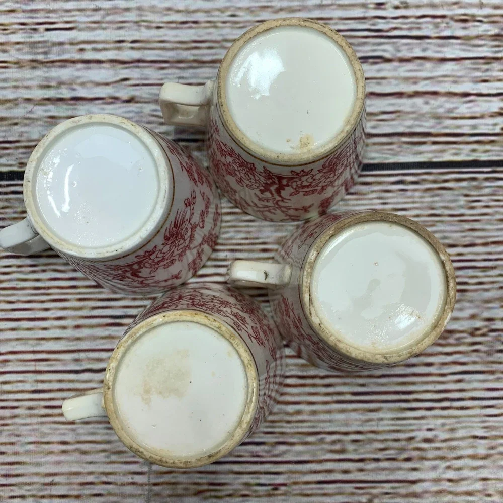 Antique Red Floral‎ Tea Cups and Saucers Set of 4 Orchid China Vintage